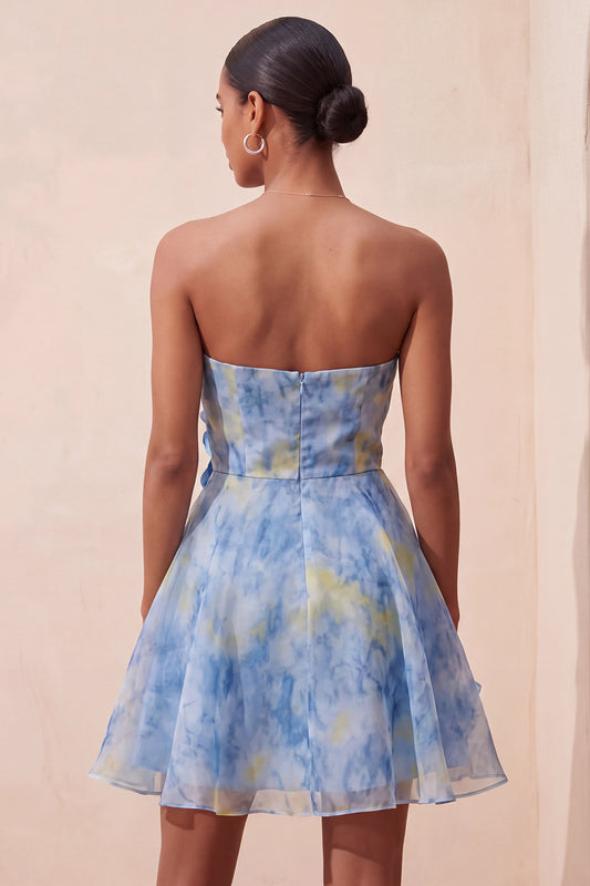 Grey Blue A-Line Strapless Ruched Short Homecoming Dress with 3D Flower