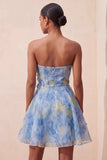 Grey Blue A-Line Strapless Ruched Short Homecoming Dress with 3D Flower