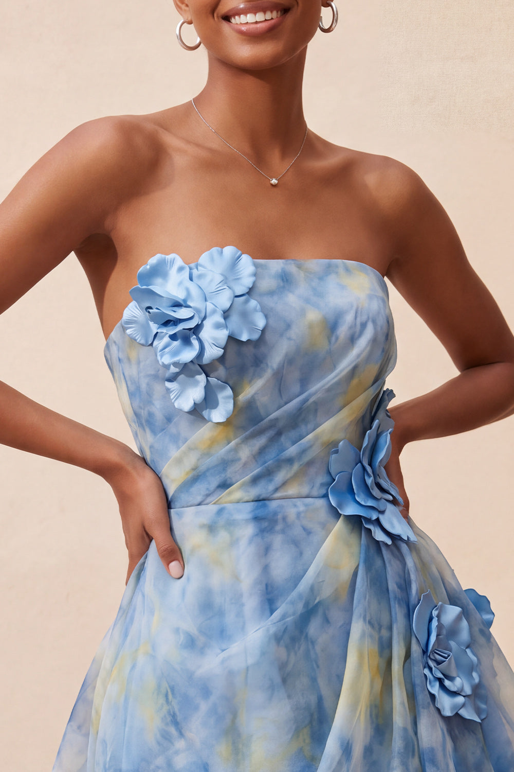 Grey Blue A-Line Strapless Ruched Short Homecoming Dress with 3D Flower