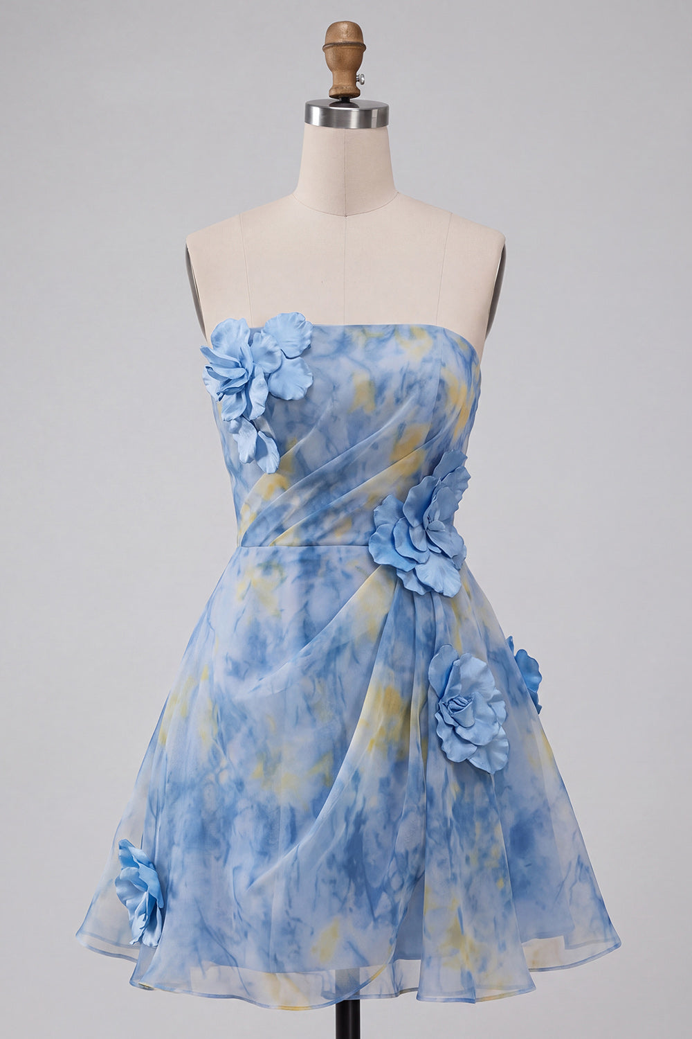 Grey Blue A-Line Strapless Ruched Short Homecoming Dress with 3D Flower