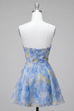 Grey Blue A-Line Strapless Ruched Short Homecoming Dress with 3D Flower