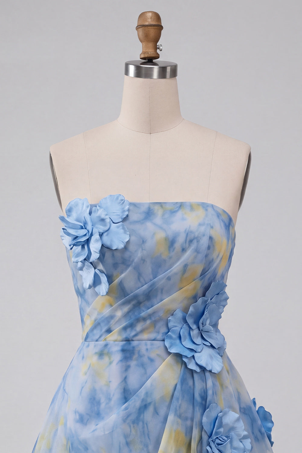 Grey Blue A-Line Strapless Ruched Short Homecoming Dress with 3D Flower