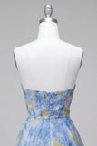 Grey Blue A-Line Strapless Ruched Short Homecoming Dress with 3D Flower