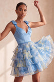 Grey Blue V-Neck Tiered Ruffled Short Homecoming Dress with Bows