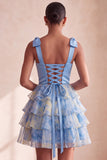 Grey Blue V-Neck Tiered Ruffled Short Homecoming Dress with Bows