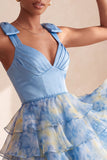 Grey Blue V-Neck Tiered Ruffled Short Homecoming Dress with Bows