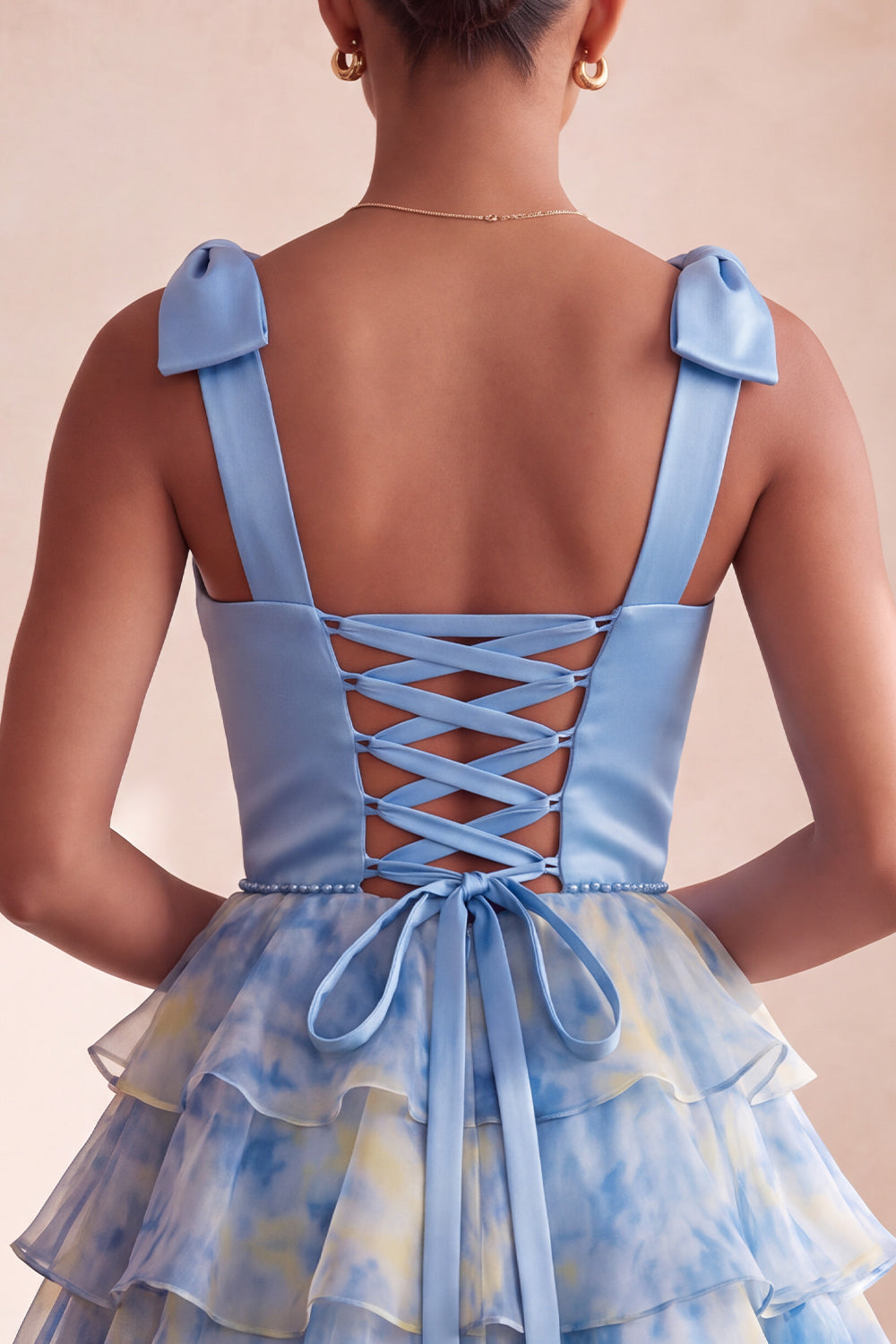 Grey Blue V-Neck Tiered Ruffled Short Homecoming Dress with Bows