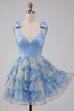 Grey Blue V-Neck Tiered Ruffled Short Homecoming Dress with Bows
