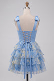 Grey Blue V-Neck Tiered Ruffled Short Homecoming Dress with Bows