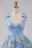 Grey Blue V-Neck Tiered Ruffled Short Homecoming Dress with Bows