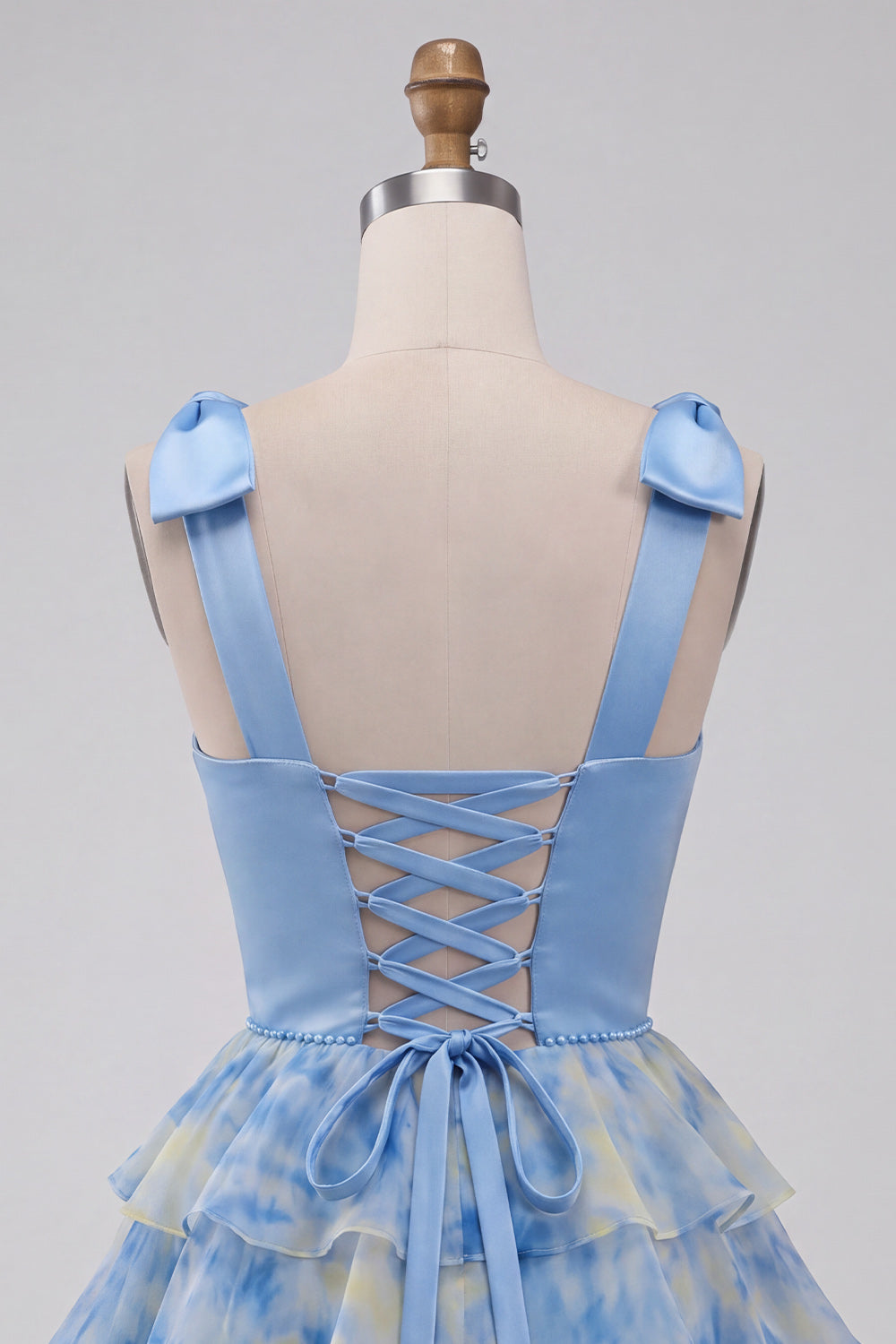 Grey Blue V-Neck Tiered Ruffled Short Homecoming Dress with Bows