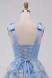 Grey Blue V-Neck Tiered Ruffled Short Homecoming Dress with Bows