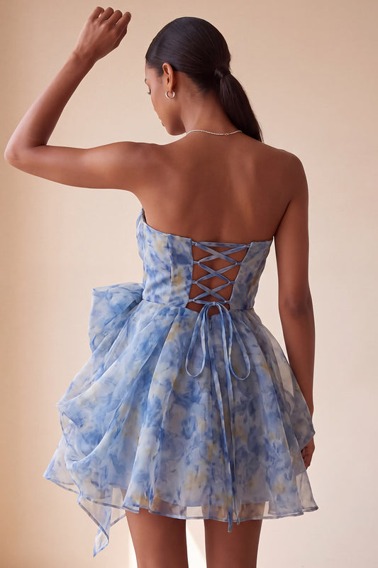 Grey Blue Sweetheart A Line Ruched Short Homecoming Dress with Bow