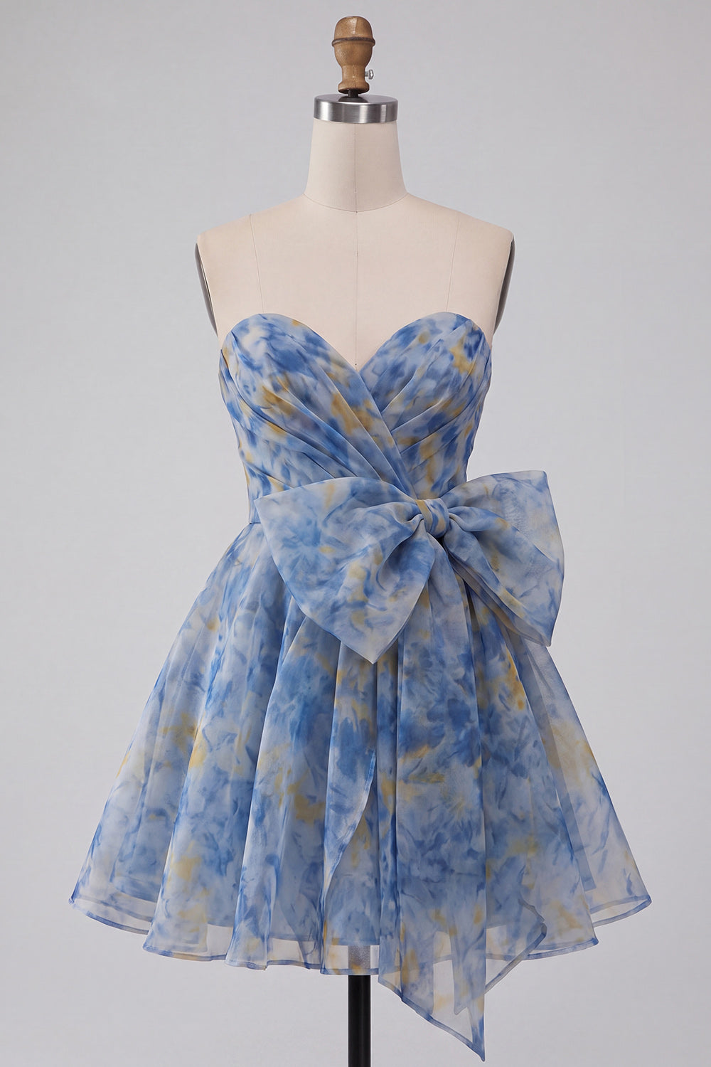 Grey Blue Sweetheart A Line Ruched Short Homecoming Dress with Bow