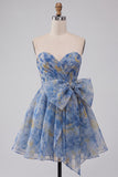 Grey Blue Sweetheart A Line Ruched Short Homecoming Dress with Bow