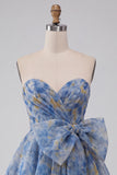 Grey Blue Sweetheart A Line Ruched Short Homecoming Dress with Bow