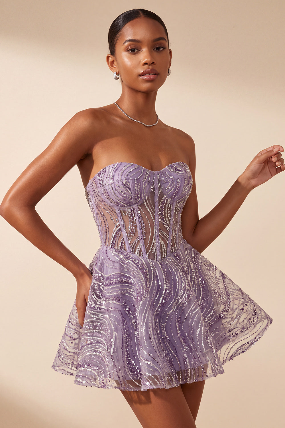 Sparkly Lilac Sweetheart A Line Sequins Short Corset Homecoming Dress
