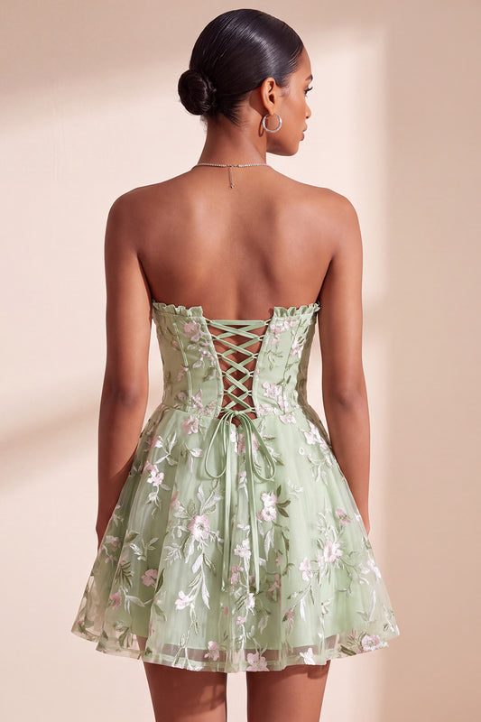 Sage Green Corset Sweetheart A Line Short Floral Homecoming Dress