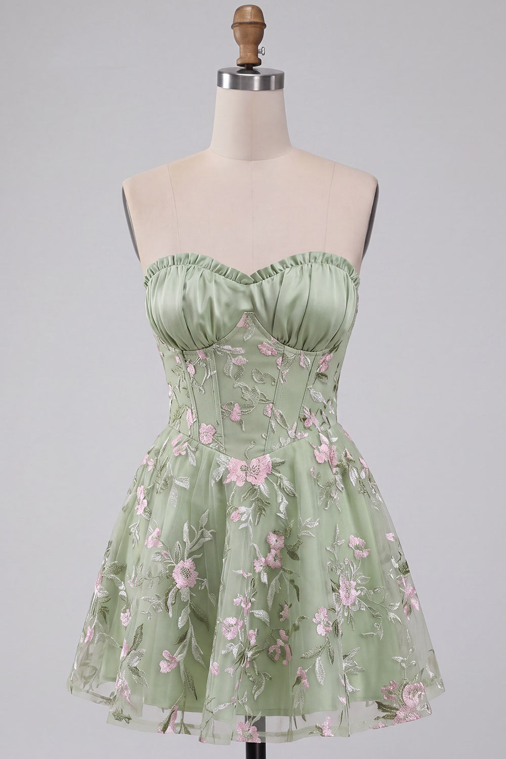 Sage Green Corset Sweetheart A Line Short Floral Homecoming Dress