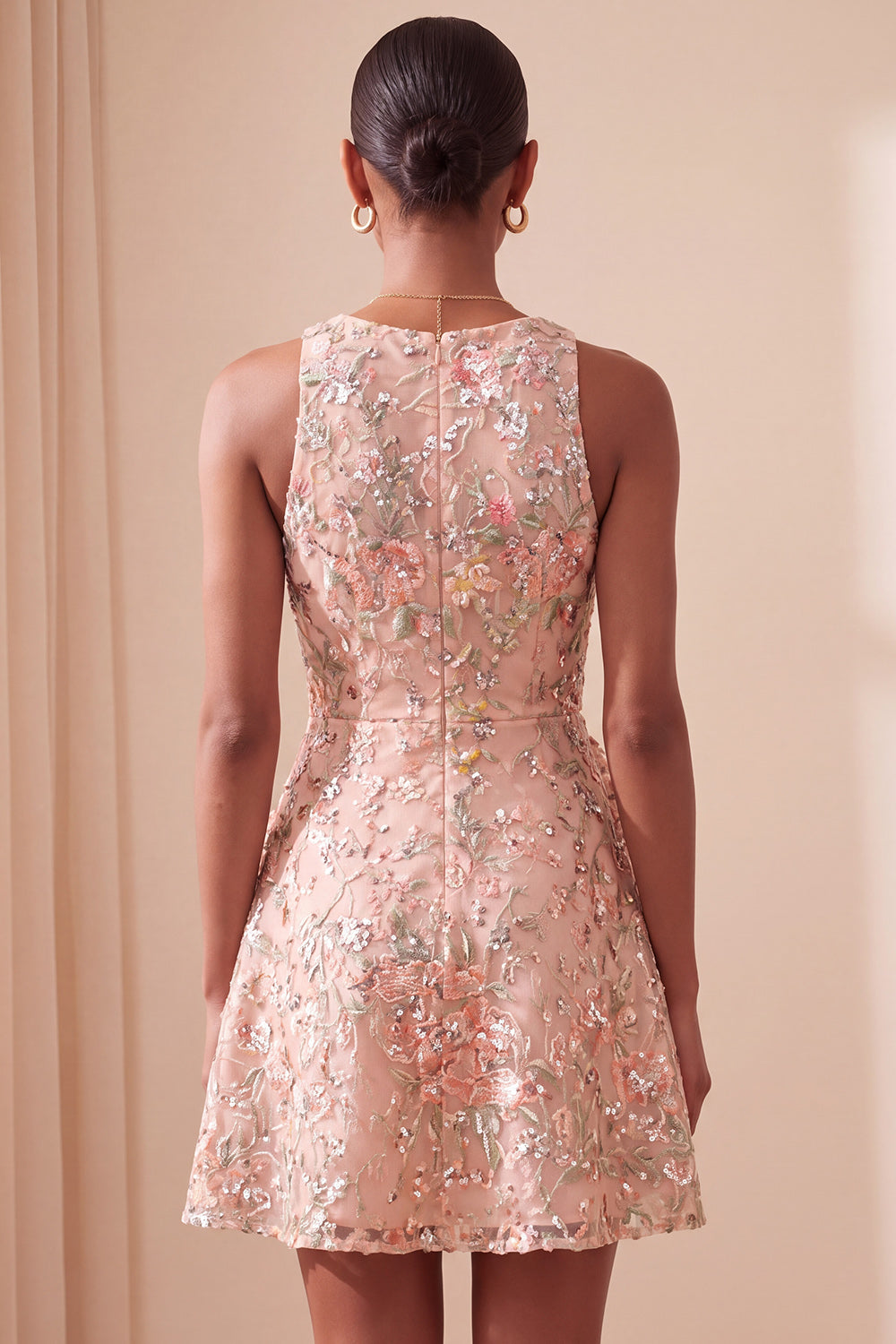 Light Pink Floral Sequin A-Line Short Homecoming Dress with Ruffles