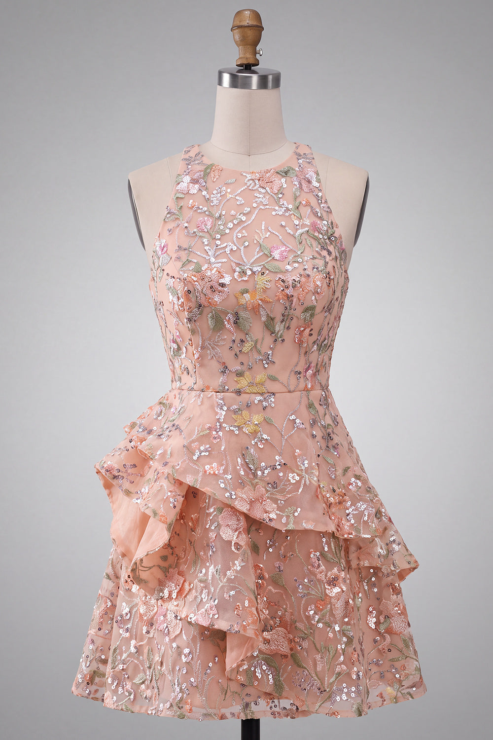 Light Pink Floral Sequin A-Line Short Homecoming Dress with Ruffles