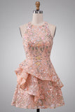 Light Pink Floral Sequin A-Line Short Homecoming Dress with Ruffles