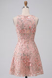 Light Pink Floral Sequin A-Line Short Homecoming Dress with Ruffles