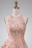 Light Pink Floral Sequin A-Line Short Homecoming Dress with Ruffles