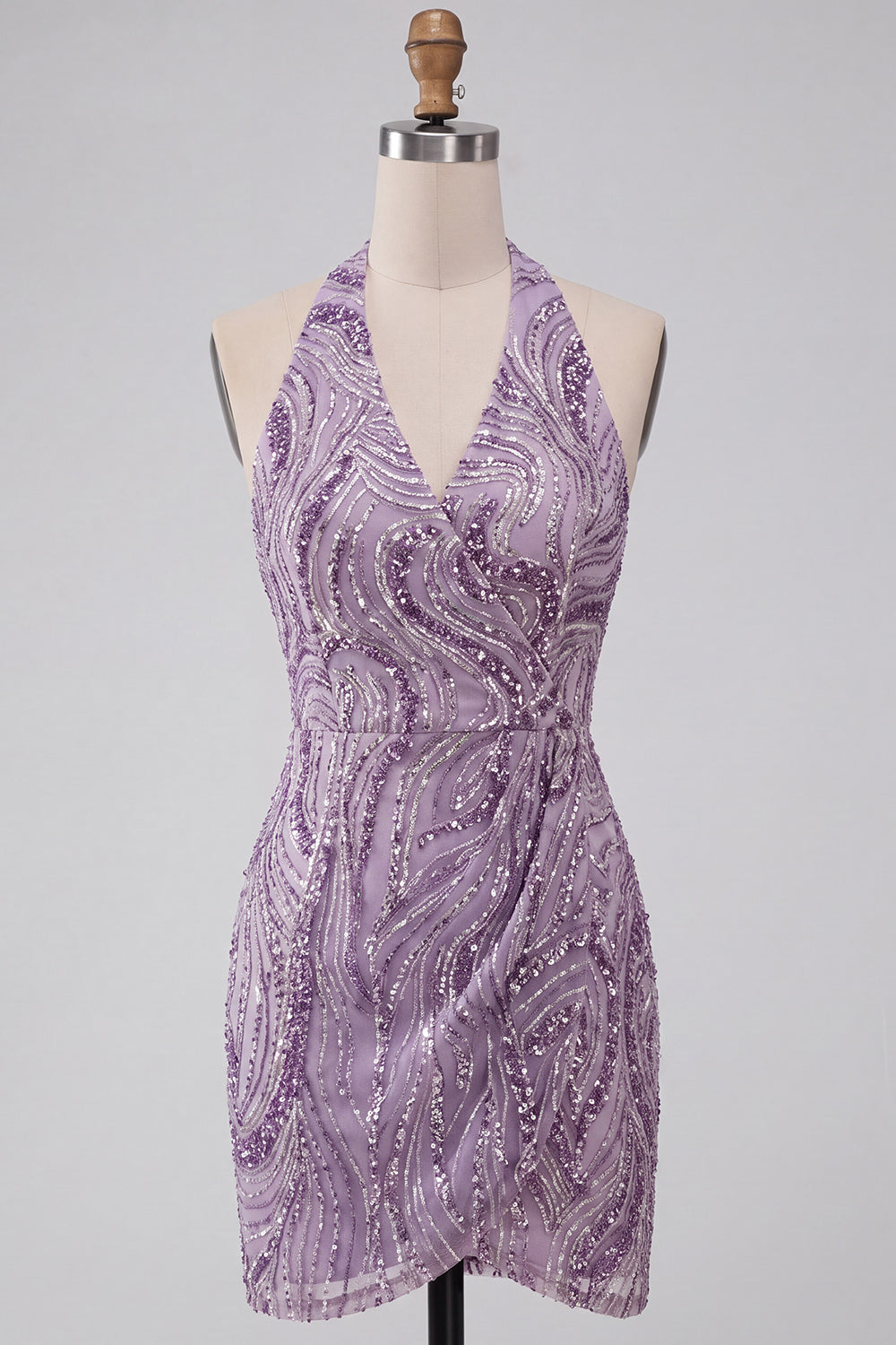 Sparkly Lilac Sequin Halter Tight Short Homecoming Dress