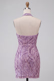 Sparkly Lilac Sequin Halter Tight Short Homecoming Dress