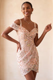 Blush Sequin Tight Cold Shoulder Ruched Short Floral Homecoming Dress