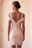 Blush Sequin Tight Cold Shoulder Ruched Short Floral Homecoming Dress