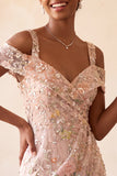 Blush Sequin Tight Cold Shoulder Ruched Short Floral Homecoming Dress