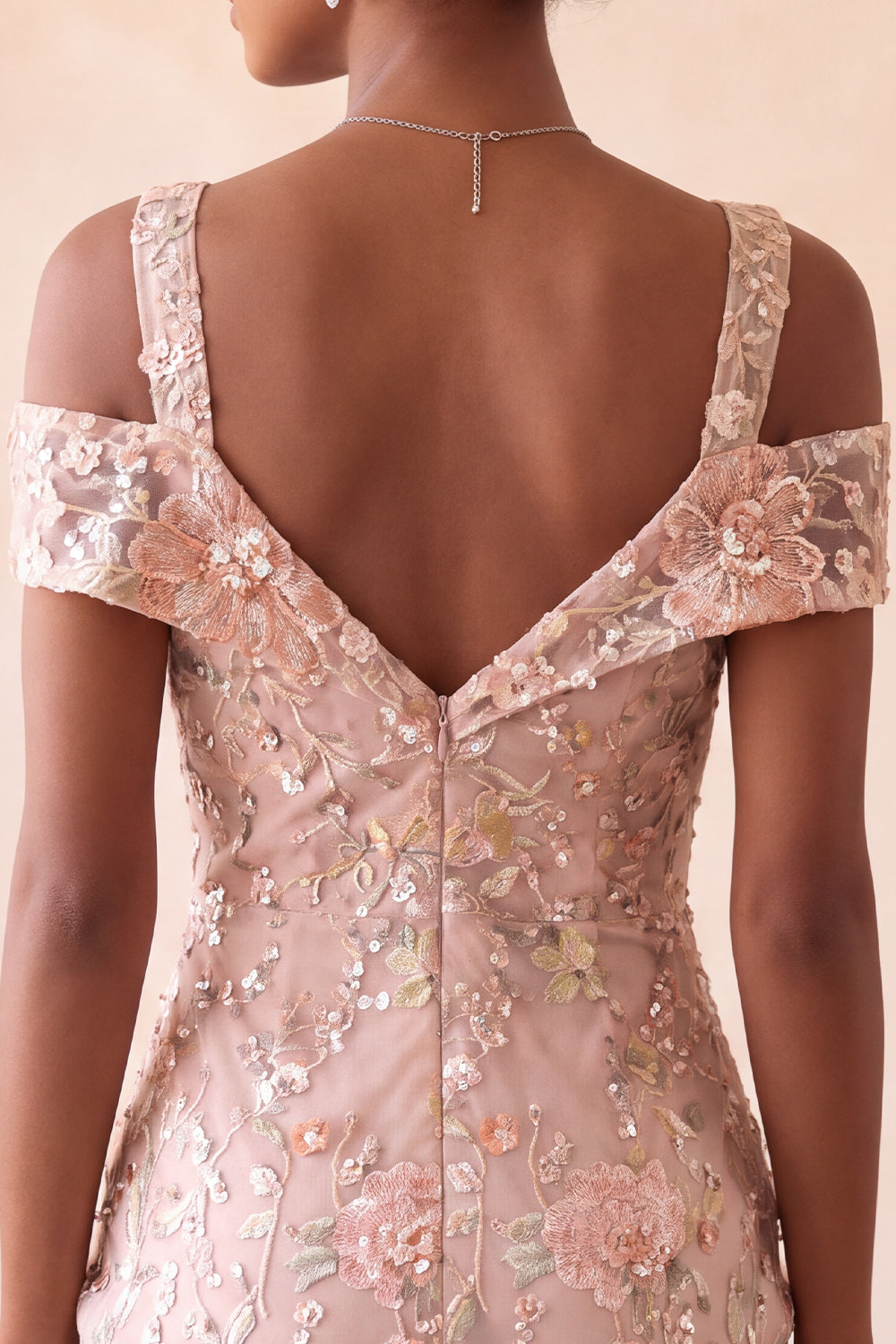 Blush Sequin Tight Cold Shoulder Ruched Short Floral Homecoming Dress