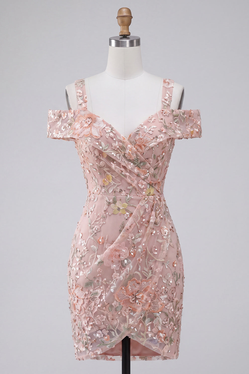 Blush Sequin Tight Cold Shoulder Ruched Short Floral Homecoming Dress