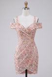 Blush Sequin Tight Cold Shoulder Ruched Short Floral Homecoming Dress