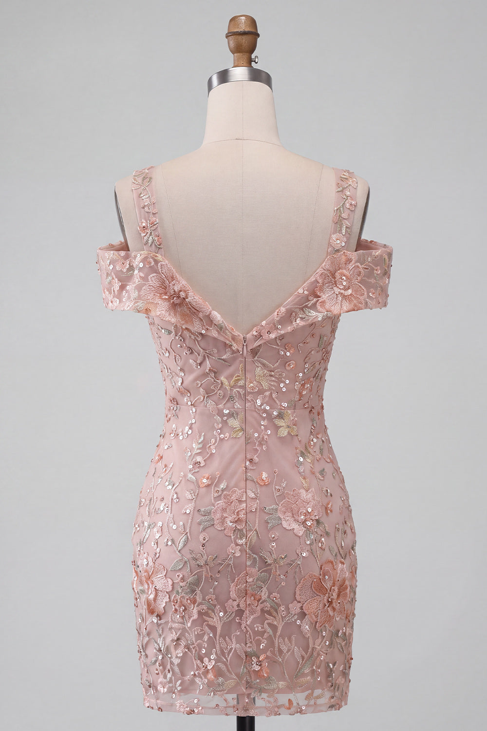 Blush Sequin Tight Cold Shoulder Ruched Short Floral Homecoming Dress