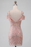 Blush Sequin Tight Cold Shoulder Ruched Short Floral Homecoming Dress