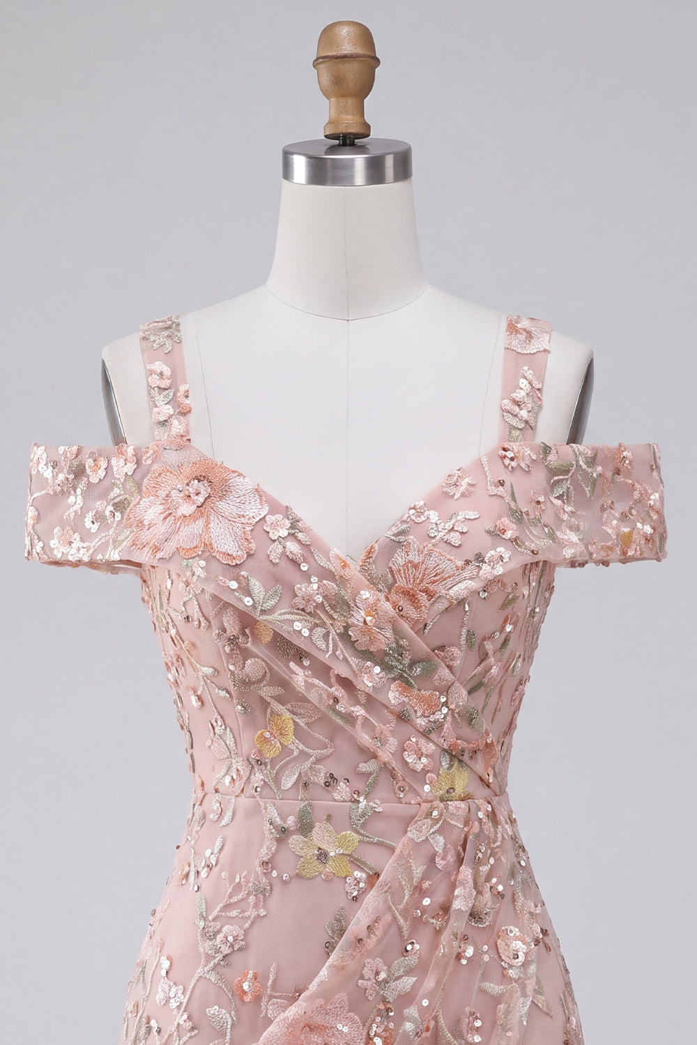 Blush Sequin Tight Cold Shoulder Ruched Short Floral Homecoming Dress