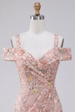 Blush Sequin Tight Cold Shoulder Ruched Short Floral Homecoming Dress