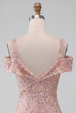 Blush Sequin Tight Cold Shoulder Ruched Short Floral Homecoming Dress