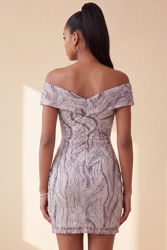 Sparkly Lilac Tight Off the Shoulder Ruched Short Sequins Homecoming Dress
