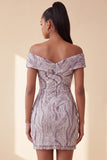 Sparkly Lilac Tight Off the Shoulder Ruched Short Sequins Homecoming Dress