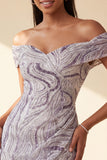 Sparkly Lilac Tight Off the Shoulder Ruched Short Sequins Homecoming Dress