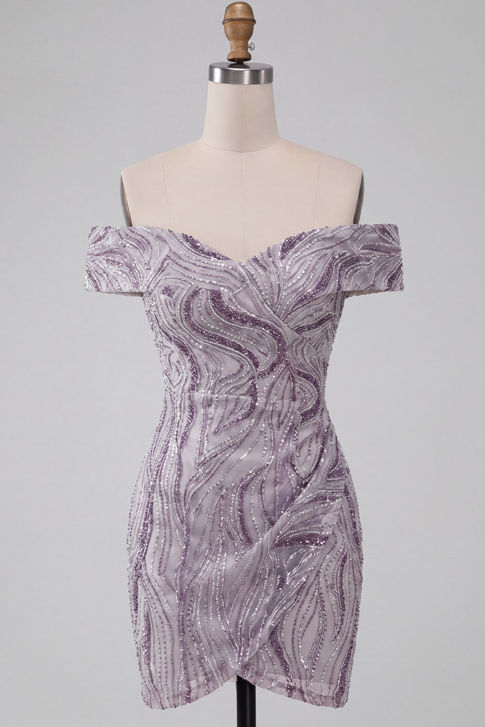 Sparkly Lilac Tight Off the Shoulder Ruched Short Sequins Homecoming Dress