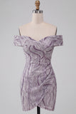 Sparkly Lilac Tight Off the Shoulder Ruched Short Sequins Homecoming Dress
