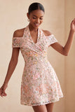 Blush Floral Sequins A-Line Cold Shoulder Short Homecoming Dress