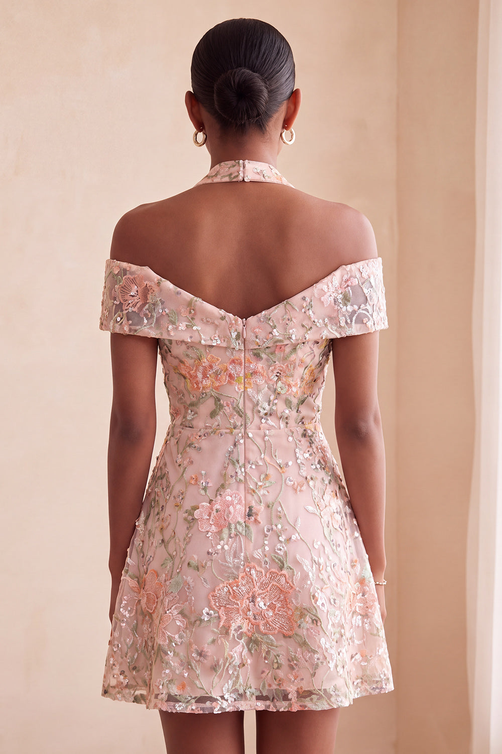Blush Floral Sequins A-Line Cold Shoulder Short Homecoming Dress