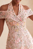 Blush Floral Sequins A-Line Cold Shoulder Short Homecoming Dress