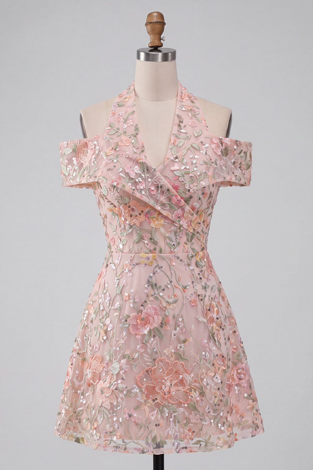 Blush Floral Sequins A-Line Cold Shoulder Short Homecoming Dress